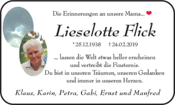 Traueranzeige von Lieselotte Flick von vrm-trauer