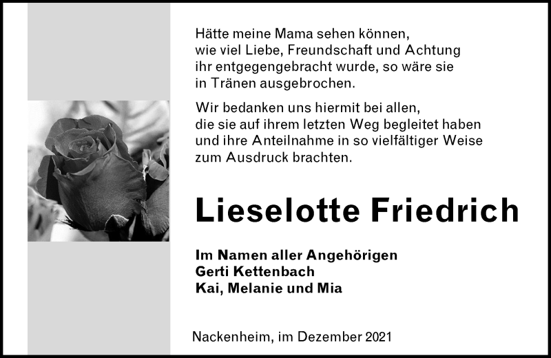  Traueranzeige für Lieselotte Friedrich vom 04.12.2021 aus vrm-trauer
