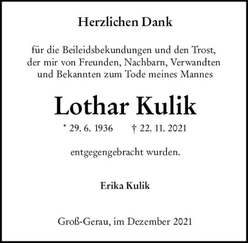  Traueranzeige für Lothar Kulik vom 18.12.2021 aus vrm-trauer