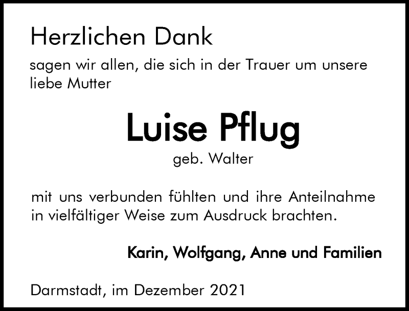  Traueranzeige für Luise Pflug vom 04.12.2021 aus vrm-trauer