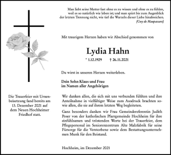 Traueranzeige von Lydia Hahn von vrm-trauer