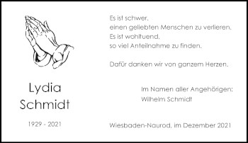 Traueranzeige von Lydia Schmidt von vrm-trauer