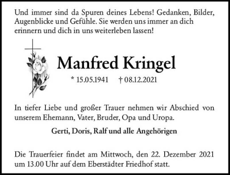  Traueranzeige für Manfred Kringel vom 18.12.2021 aus vrm-trauer