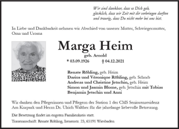 Traueranzeige von Marga Heim von vrm-trauer