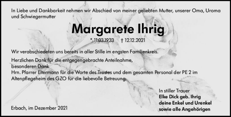  Traueranzeige für Margarete Ihrig vom 31.12.2021 aus vrm-trauer