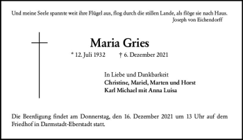 Traueranzeige von Maria Gries von vrm-trauer