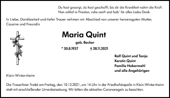 Traueranzeige von Maria Quint von vrm-trauer