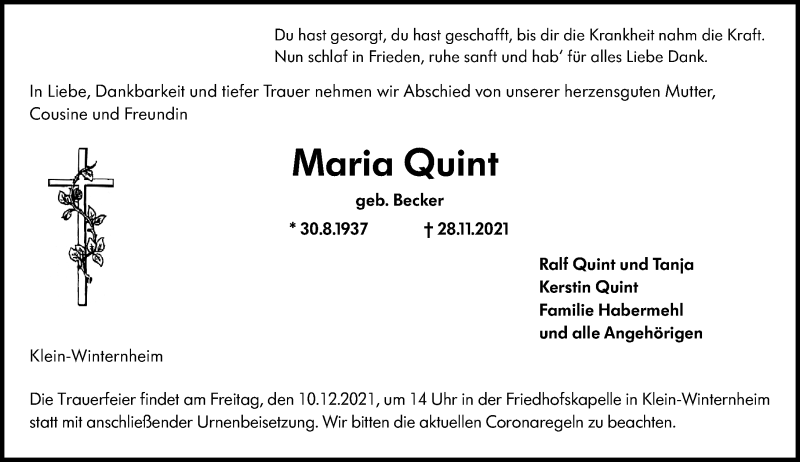  Traueranzeige für Maria Quint vom 04.12.2021 aus vrm-trauer