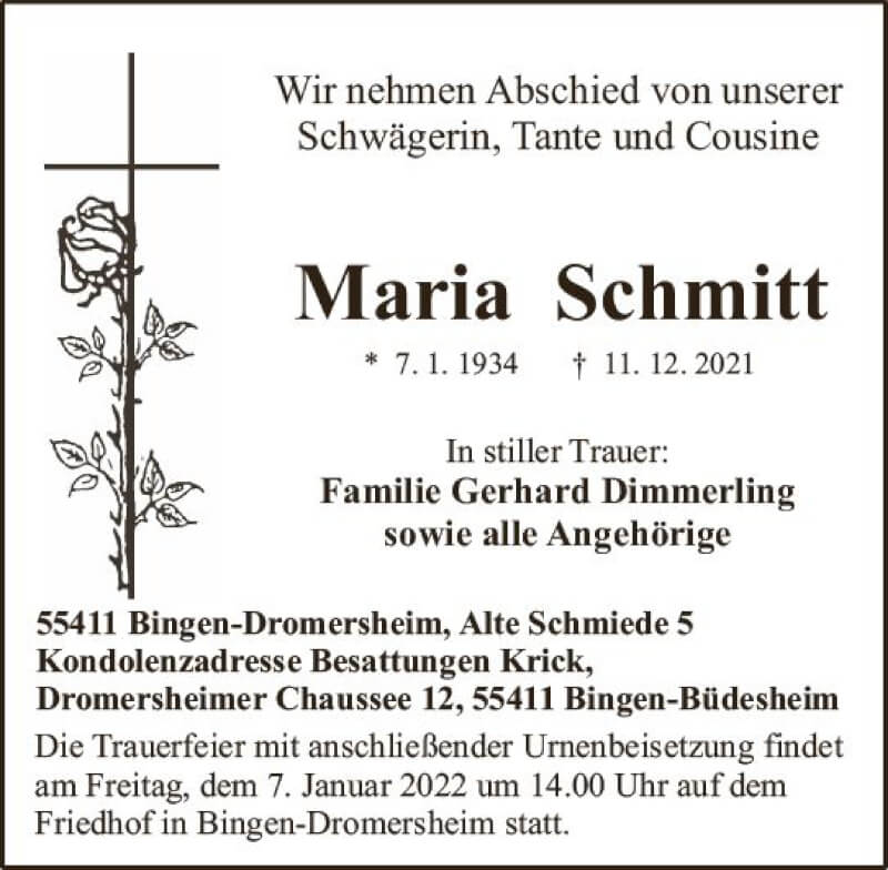  Traueranzeige für Maria Schmitt vom 18.12.2021 aus vrm-trauer