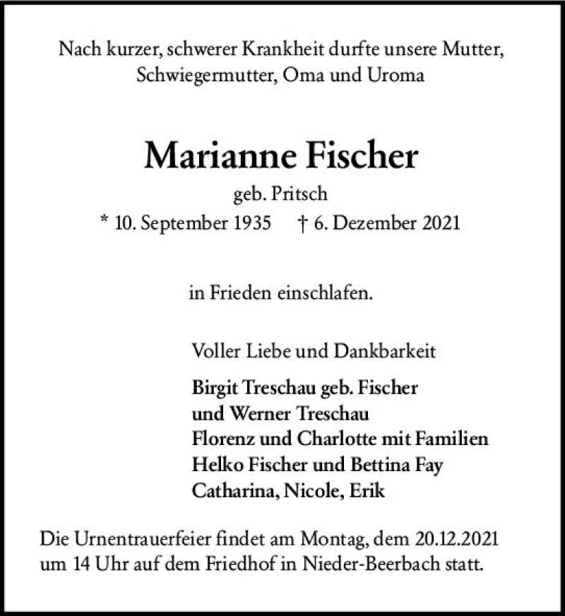  Traueranzeige für Marianne Fischer vom 11.12.2021 aus vrm-trauer