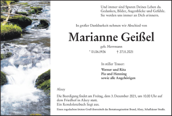Traueranzeige von Marianne Geißel von vrm-trauer