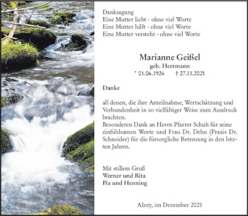 Traueranzeige von Marianne Geißel von vrm-trauer