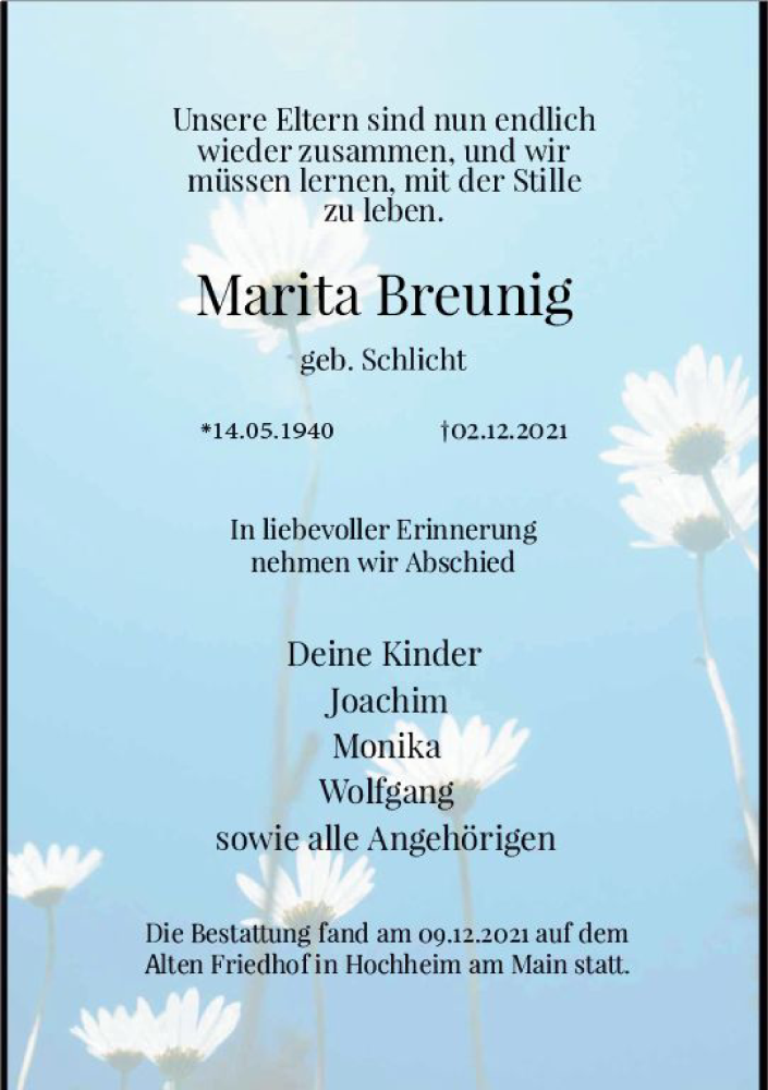 Traueranzeige für Marita Breunig vom 10.12.2021 aus vrm-trauer