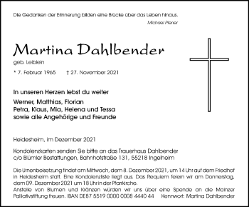 Traueranzeige von Martina Dahlbender von vrm-trauer