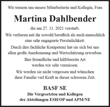 Traueranzeige von Martina Dahlbender von vrm-trauer
