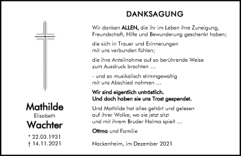 Traueranzeige von Mathilde Elisabeth Wachter von vrm-trauer