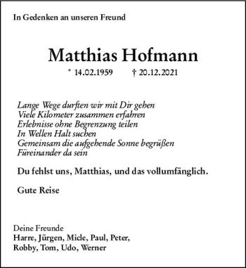 Traueranzeige von Matthias Hofmann von vrm-trauer