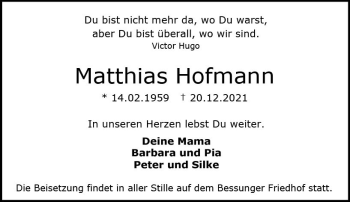 Traueranzeige von Matthias Hofmann von vrm-trauer