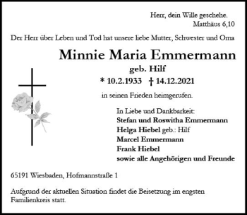 Traueranzeige von Minnie Maria Emmemann von vrm-trauer