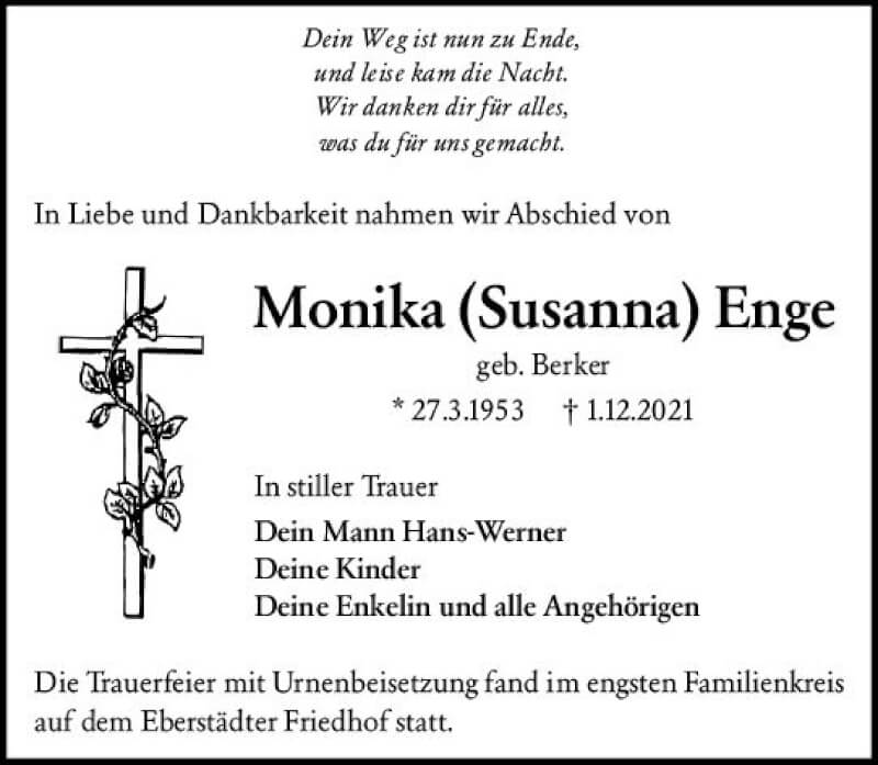  Traueranzeige für Monika Enge vom 18.12.2021 aus vrm-trauer