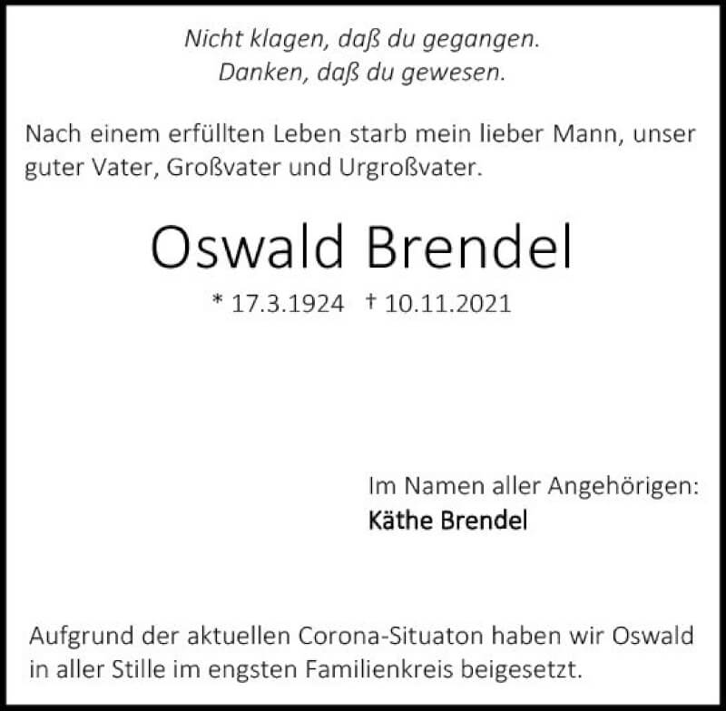  Traueranzeige für Oswald Brendel vom 18.12.2021 aus vrm-trauer