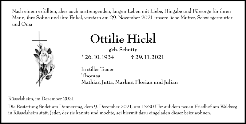  Traueranzeige für Ottilie Hickel vom 04.12.2021 aus vrm-trauer