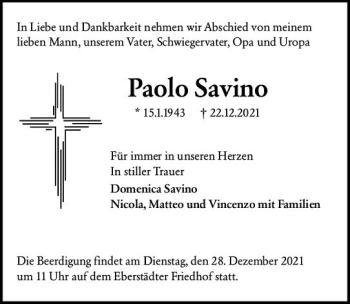 Traueranzeige von Paolo Savino von vrm-trauer