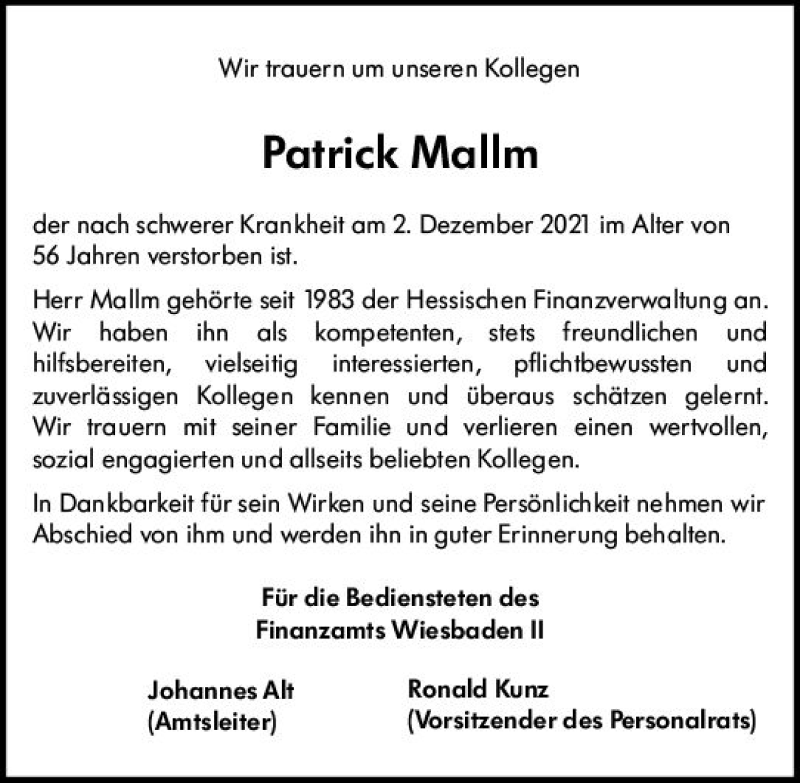  Traueranzeige für Patrick Mallm vom 11.12.2021 aus vrm-trauer