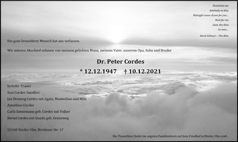  Traueranzeige für Peter Cordes vom 18.12.2021 aus vrm-trauer