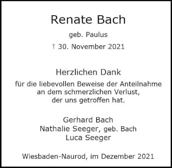 Traueranzeige von Renate Bach von vrm-trauer
