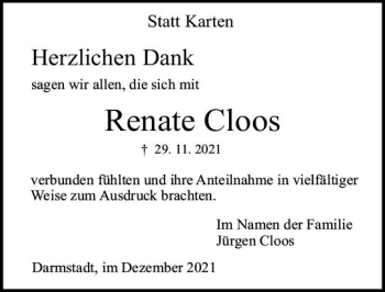 Traueranzeige von Renate Cloos von vrm-trauer
