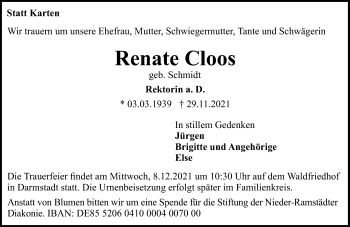 Traueranzeige von Renate Cloos von vrm-trauer