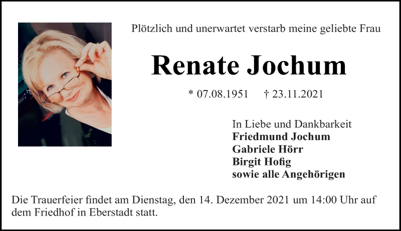  Traueranzeige für Renate Jochum vom 04.12.2021 aus vrm-trauer