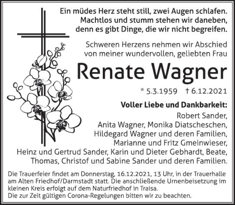  Traueranzeige für Renate Wagner vom 13.12.2021 aus vrm-trauer