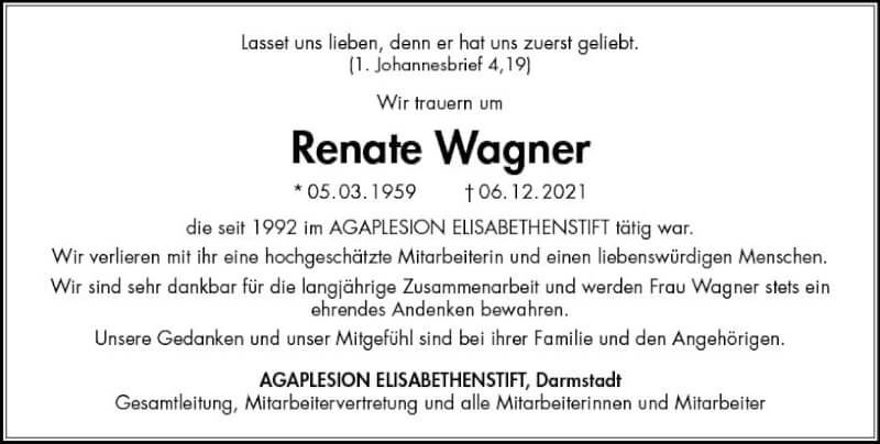  Traueranzeige für Renate Wagner vom 18.12.2021 aus vrm-trauer