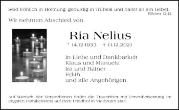 Traueranzeige von Ria Nelius von vrm-trauer