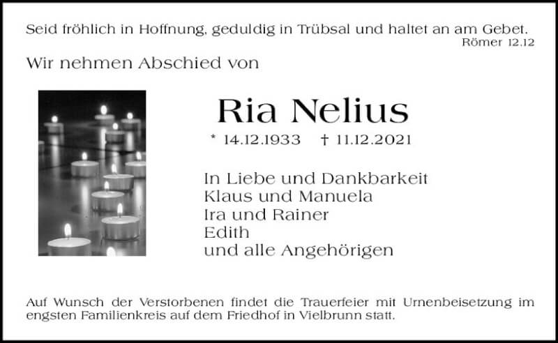  Traueranzeige für Ria Nelius vom 18.12.2021 aus vrm-trauer
