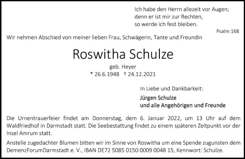  Traueranzeige für Roswitha Schulze vom 31.12.2021 aus vrm-trauer