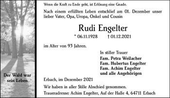 Traueranzeige von Rudi Engelter von vrm-trauer