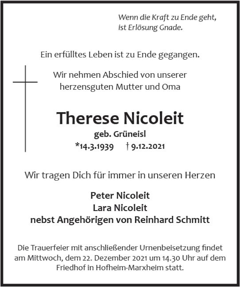  Traueranzeige für Therese Nicoleit vom 21.12.2021 aus vrm-trauer