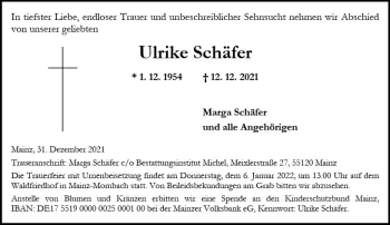 Traueranzeige von Ulrike Schäfer von vrm-trauer