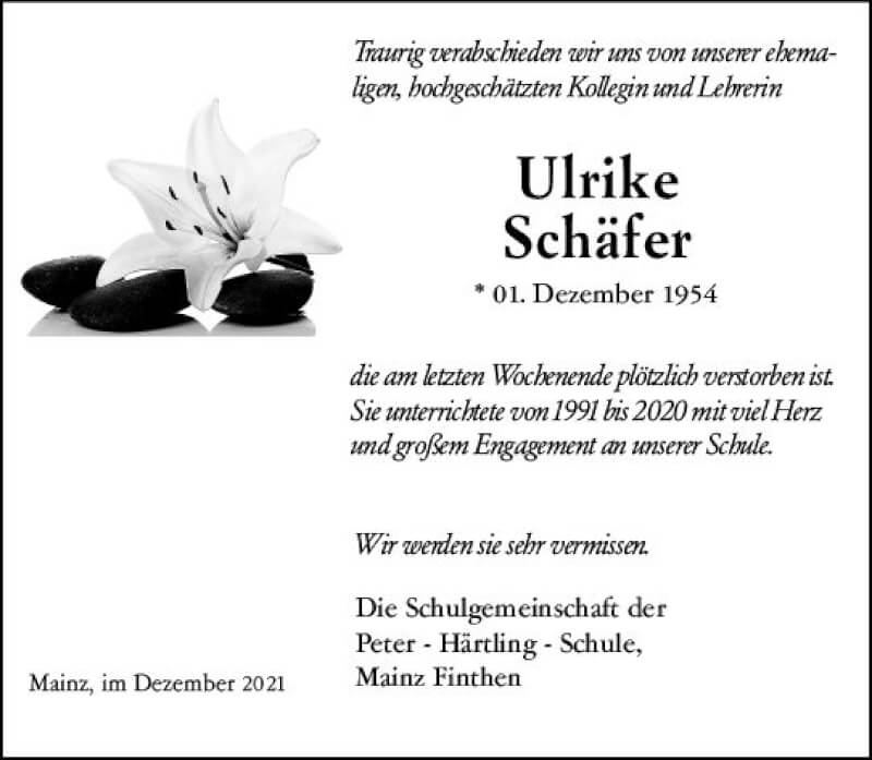  Traueranzeige für Ulrike Schäfer vom 18.12.2021 aus vrm-trauer