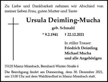 Traueranzeige von Ursula Deimling-Mucha von vrm-trauer