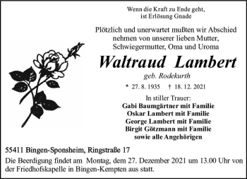 Traueranzeige von Waltraud Lambert von vrm-trauer