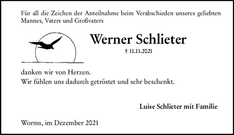  Traueranzeige für Werner Schlieter vom 29.12.2021 aus vrm-trauer