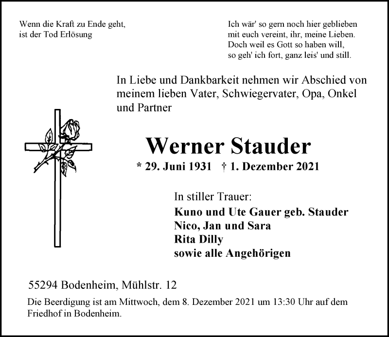  Traueranzeige für Werner Stauder vom 04.12.2021 aus vrm-trauer