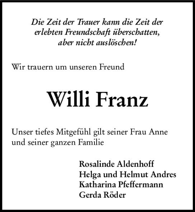  Traueranzeige für Willi Franz vom 31.12.2021 aus vrm-trauer