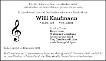 Traueranzeige von Willi Kaufmann von vrm-trauer