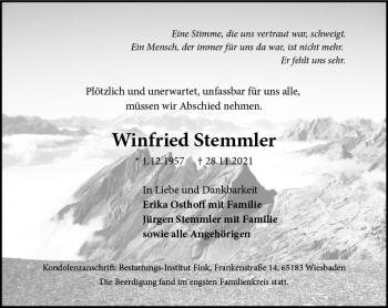 Traueranzeige von Winfried Stemmler von vrm-trauer
