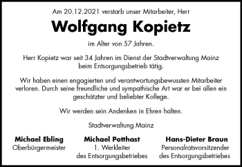 Traueranzeige von Wolfgang Kopietz von vrm-trauer